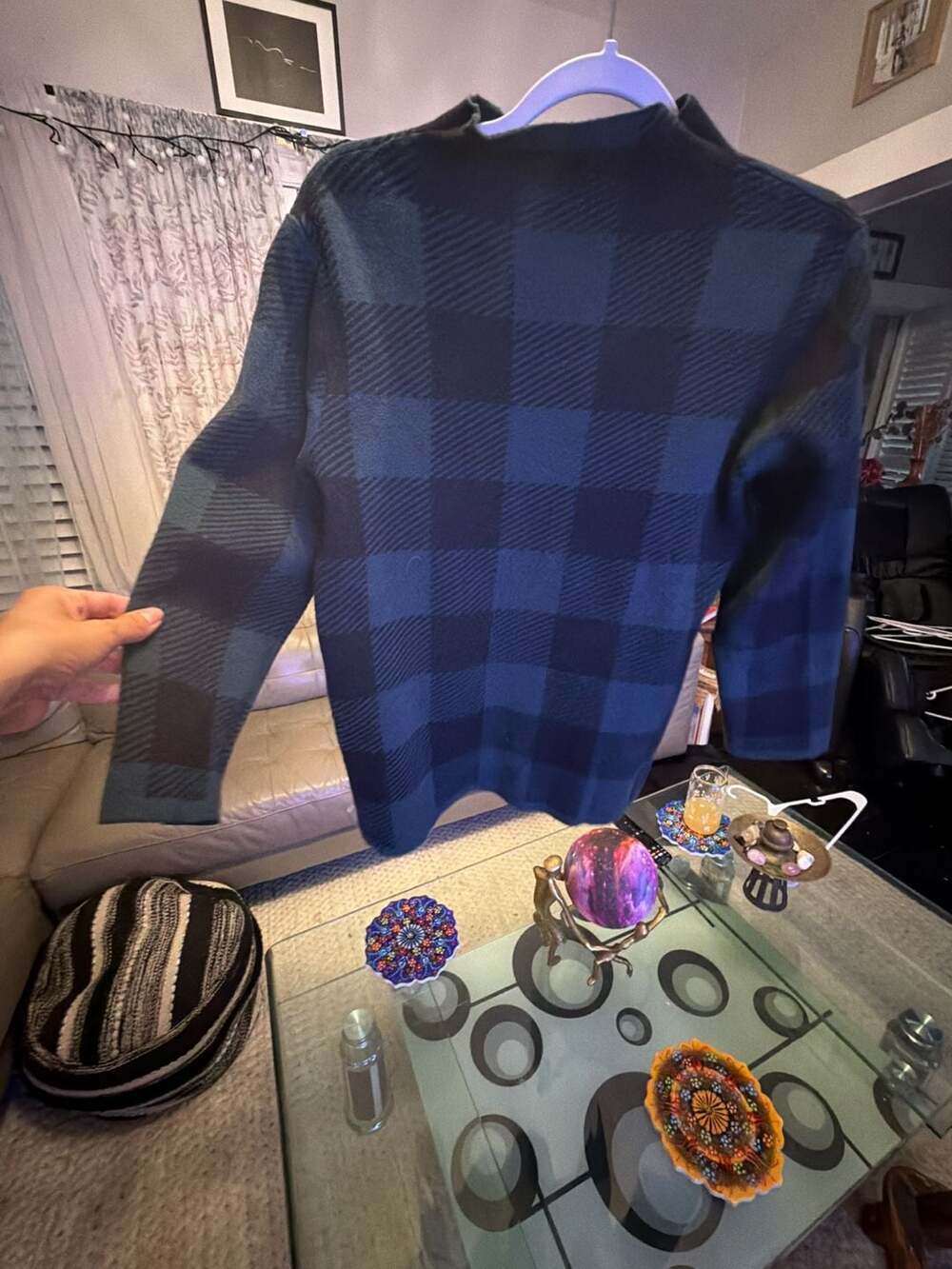 Anne Klein Green and Black Plaid Mock Neck Long Sleeve Sweater